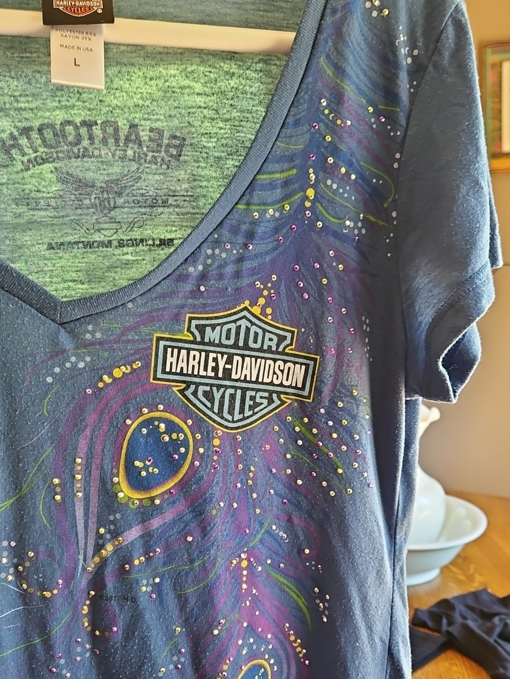 Harley-Davidson Blue V-Neck Tee with Purple & Green Peacock Swirl